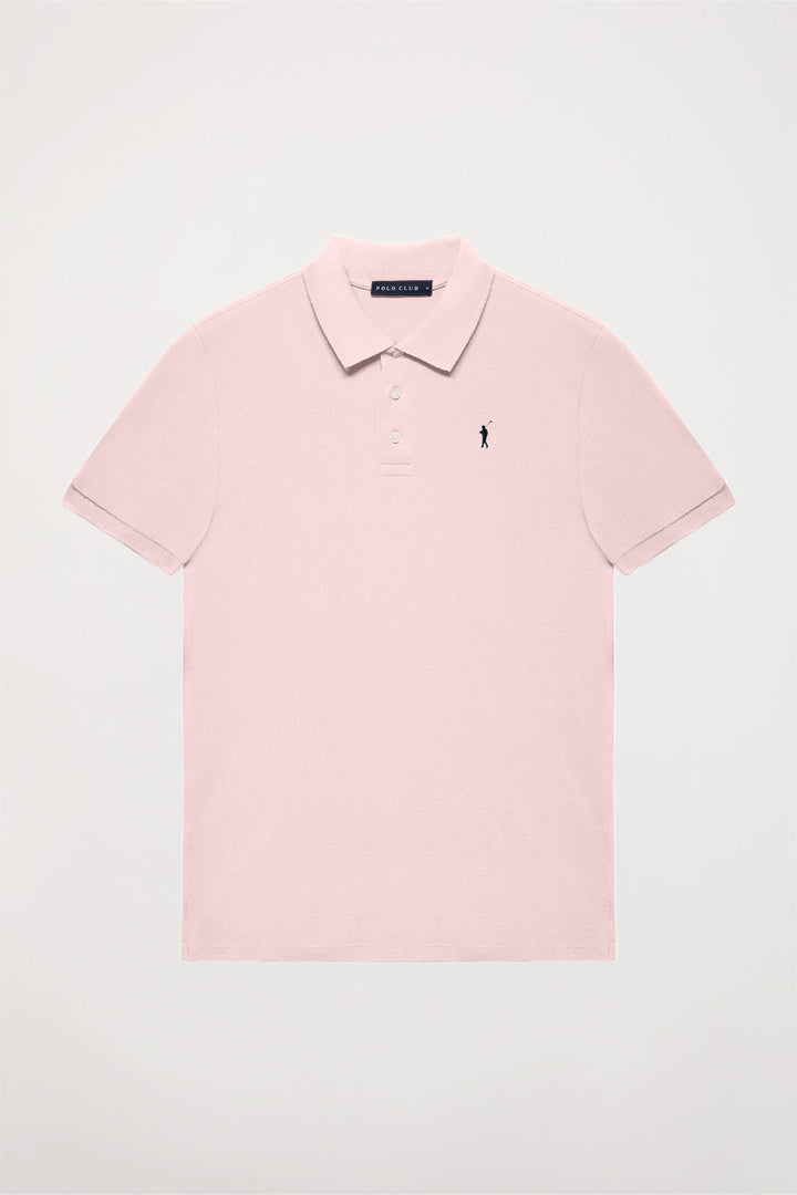 Piqué-Poloshirt rosa mit Knopfleiste mit drei Knöpfen und Logo-Stickerei in Kontrastfarbe