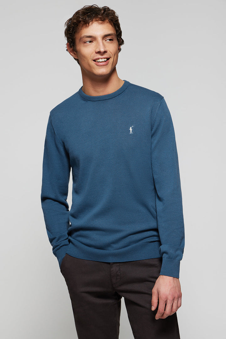 Schlichter Pullover denimblau mit Rundkragen und Rigby Go Logo