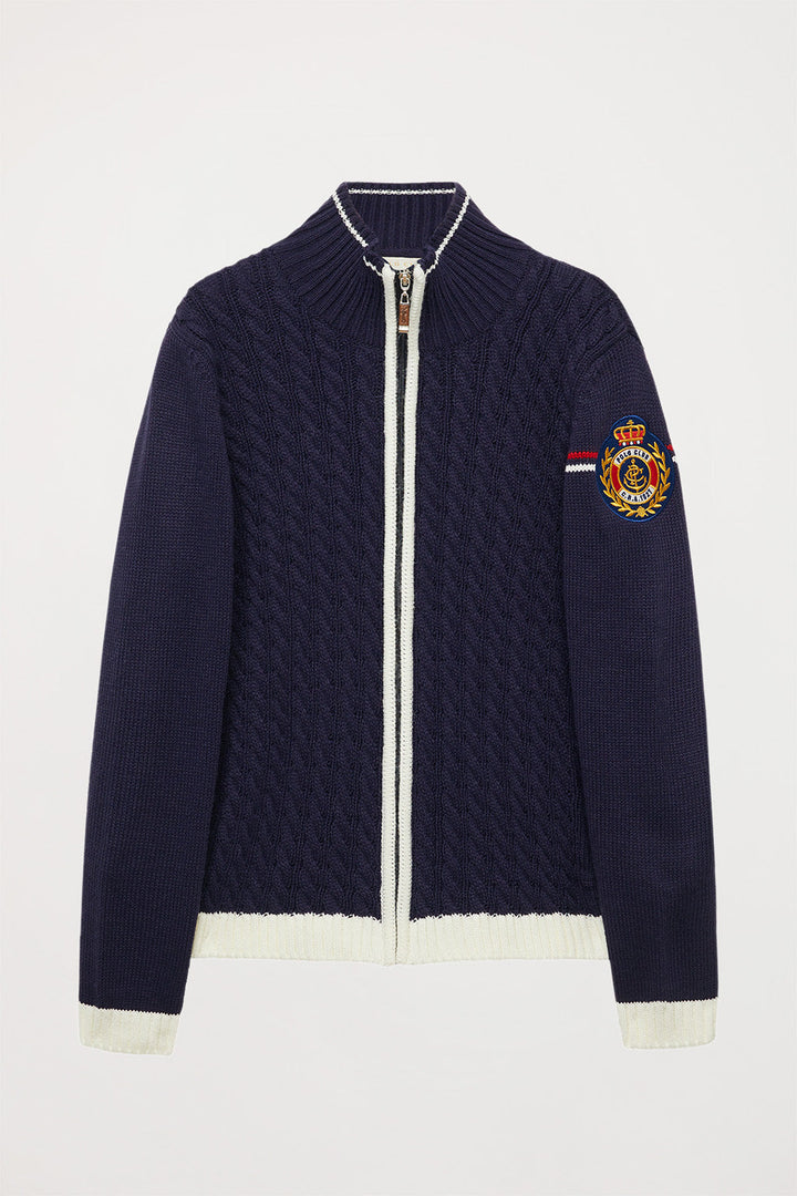 Nautical-inspired navy-blue cardigan