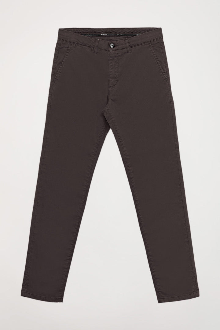 Pantalon chino marron foncé en coton élastiqué avec des détails Polo Club