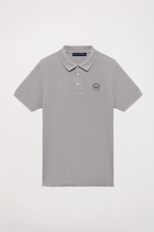 Grey pique polo shirt with three-button placket and gummed logo