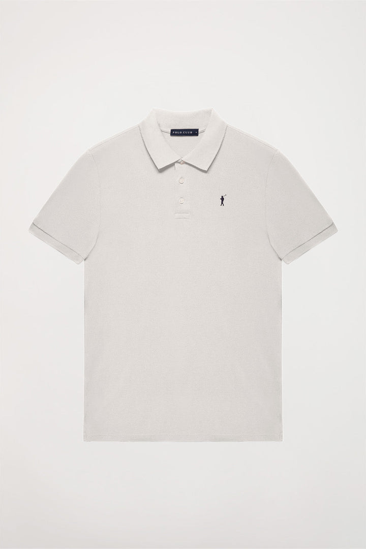 White pique polo shirt with three-button placket and contrast embroidered logo