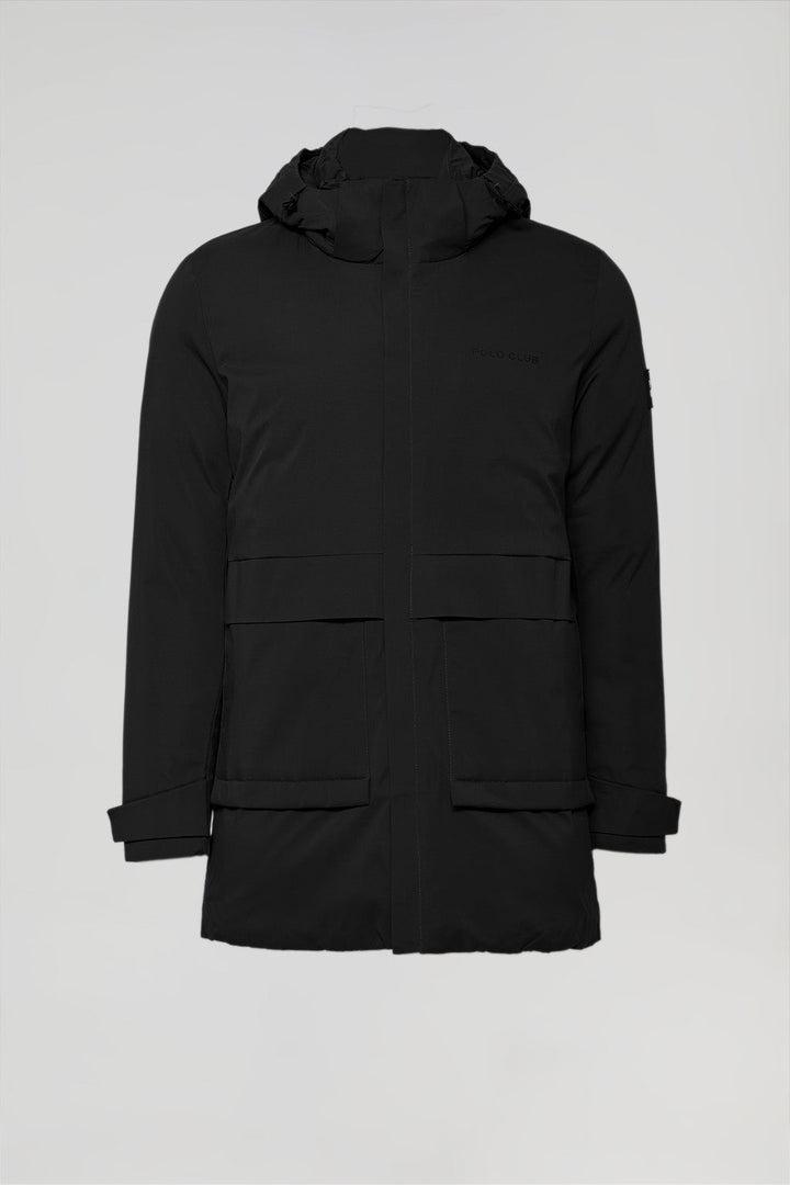 Black technical parka with hood and Polo Club details