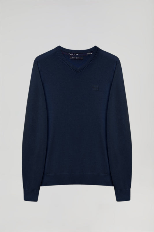 Navy-blue V-neck basic jumper with embroidered logo in matching colour