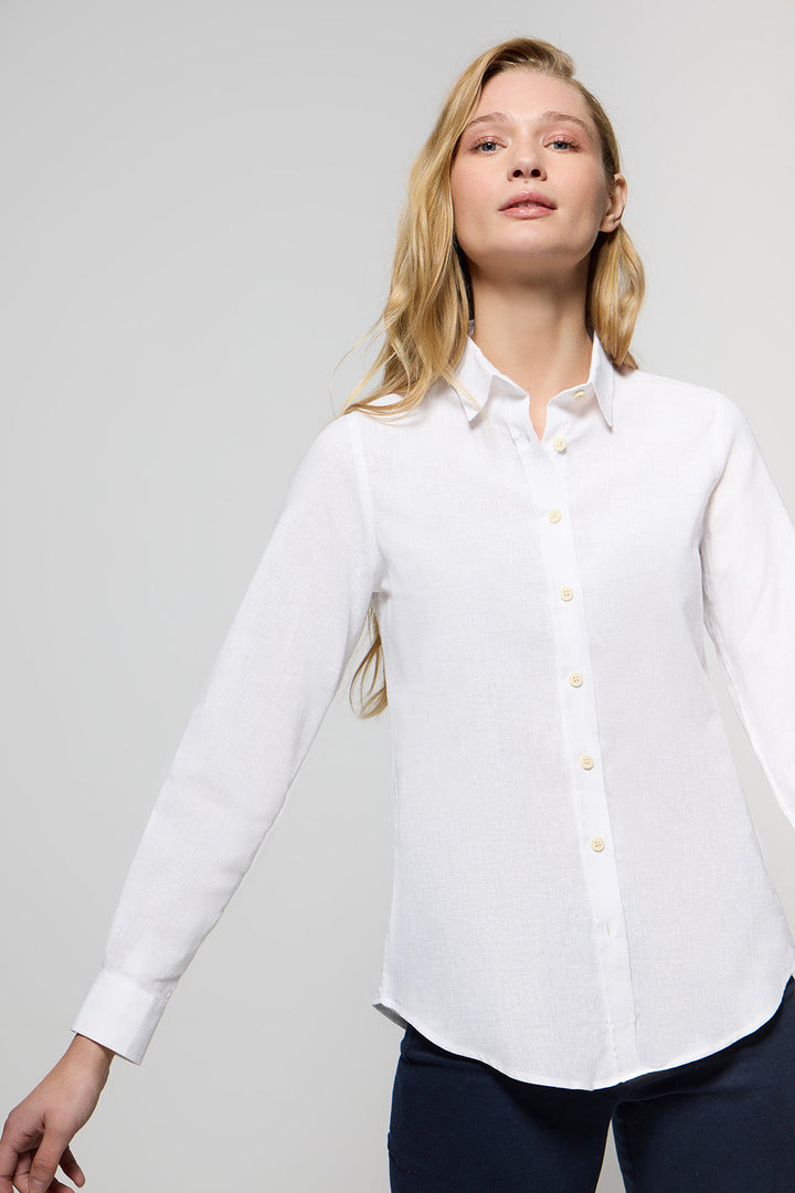 White linen and cotton shirt with Rigby Go embroidery