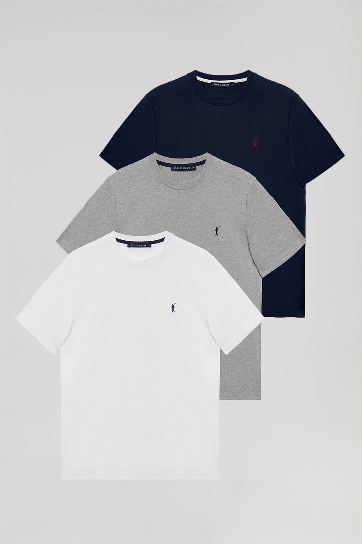Lot de trois T-shirts basiques bleu marine, blanc et gris chiné à manches courtes et à logo brodé