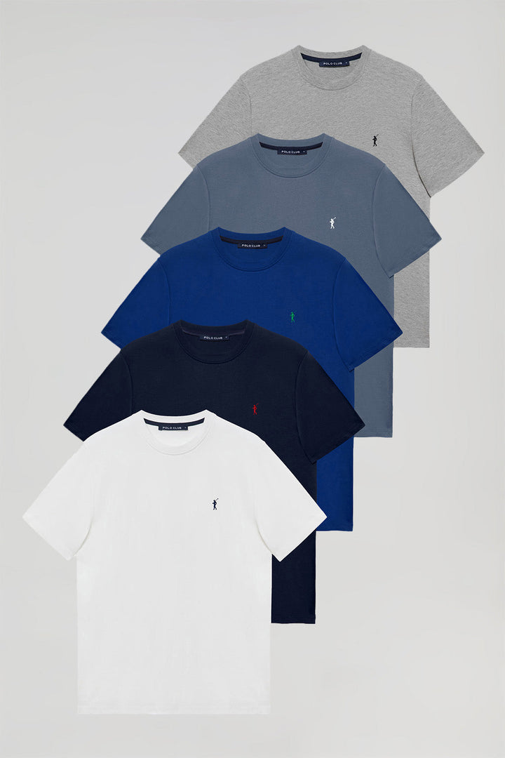 Lot de cinq T-shirts bleu marine, blanc, gris chiné, bleu royal et bleu denim avec col rond et logo brodé