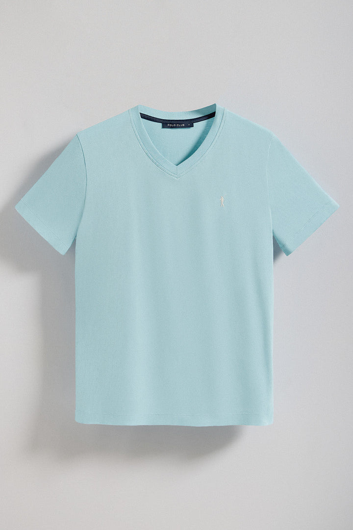 Sky-blue V-neck short-sleeve tee with Rigby Go embroidery