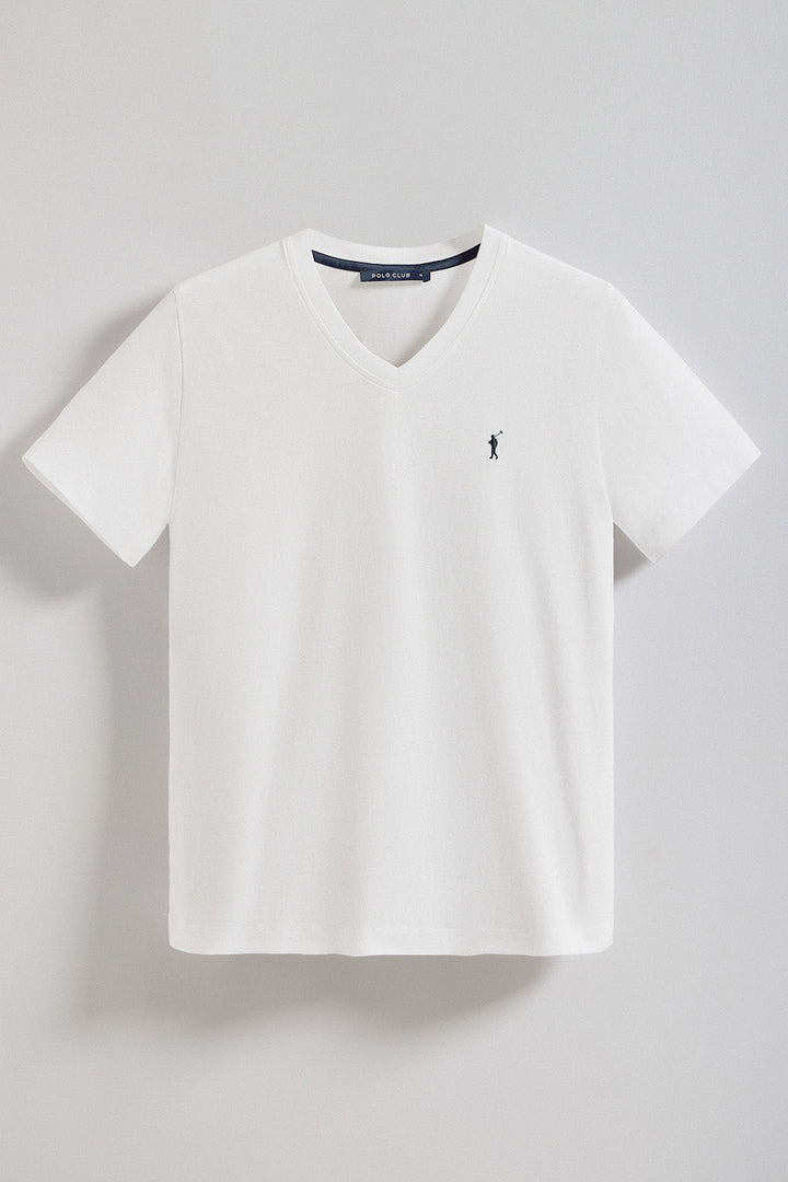 Witte T-shirt met V-hals en geborduurd Rigby Go-logo