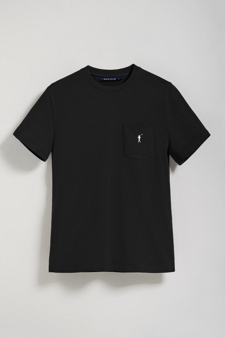 Black round-neck tee with chest pocket and Rigby Go embroidery