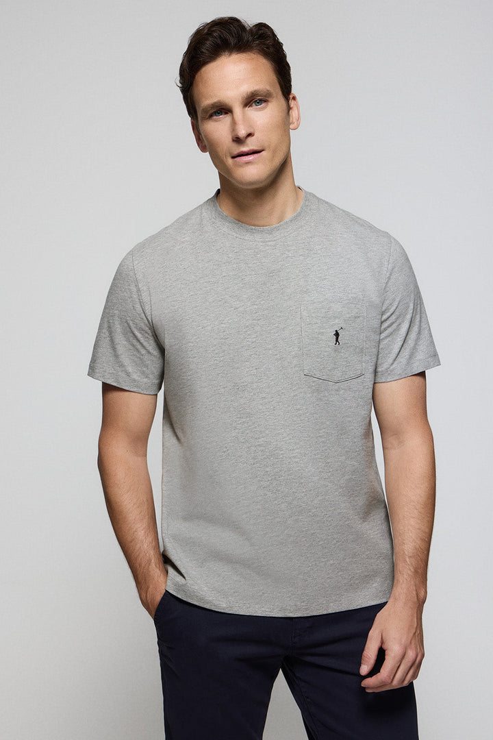 Grey-marl round-neck tee with chest pocket and Rigby Go embroidery