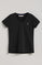 Kurzärmliges Damen-T-Shirt schwarz mit V-Kragen und Rigby Go Logo-Stickerei