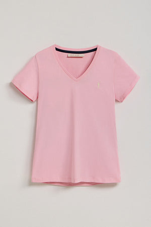 Roze dames-T-shirt met V-hals en geborduurd Rigby Go-logo