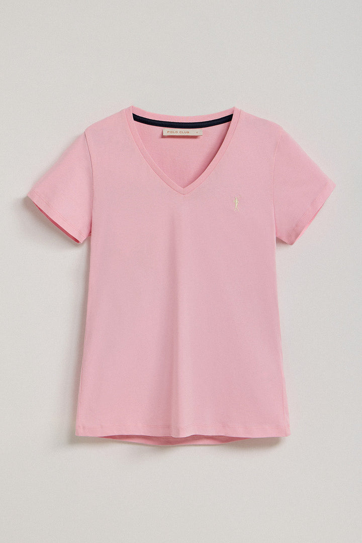 Damska koszulka w kolorze różowym z dekoltem w szpic, z krótkim rękawem i z wyszywanym logo Rigby Go