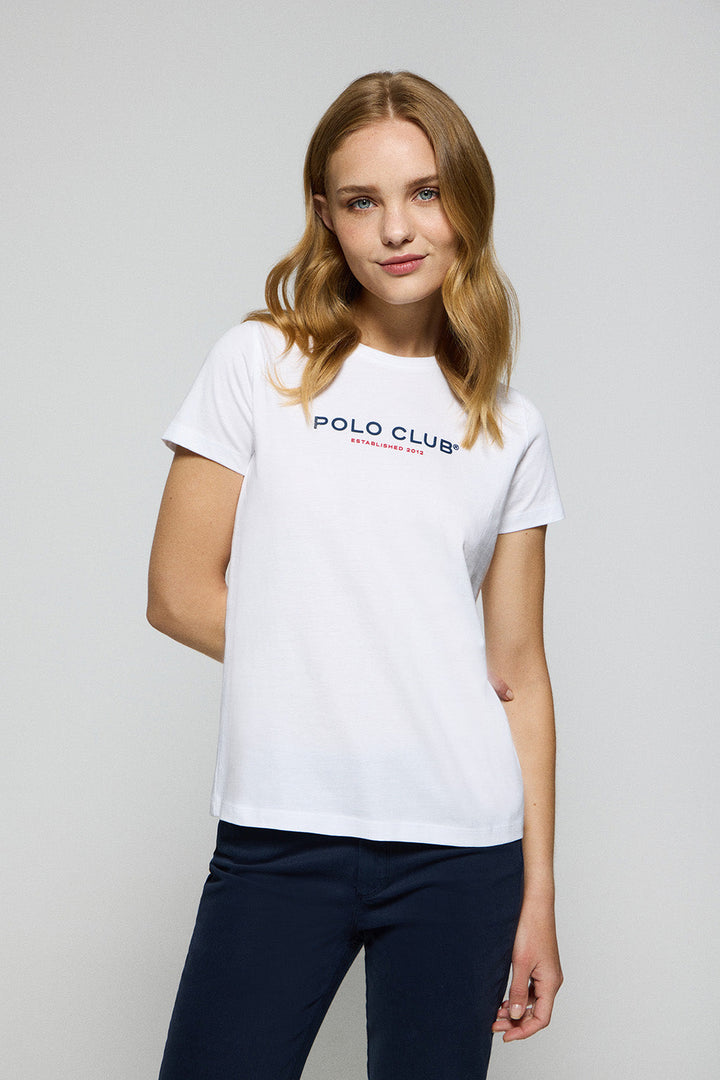 Witte dames-T-shirt met ronde hals en rubberen Polo Club Minimal Title-logo