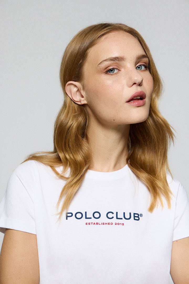 Witte dames-T-shirt met ronde hals en rubberen Polo Club Minimal Title-logo