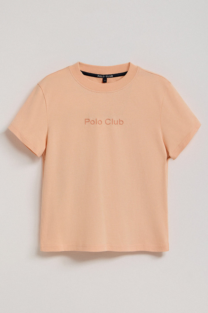 Koszulka Tori boxy fit w kolorze brzoskwiniowym z wykończeniem peach effect i z logo Minimal Combo Polo Club