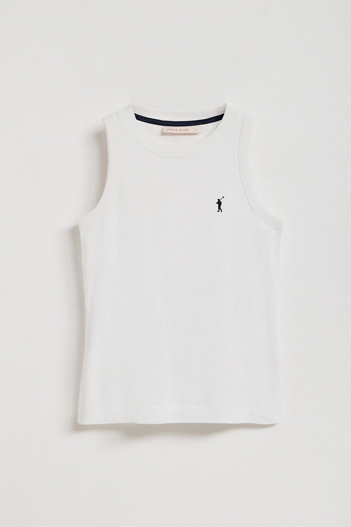 T-shirt basique blanc sans manches à col ras du cou avec un logo brodé Rigby Go