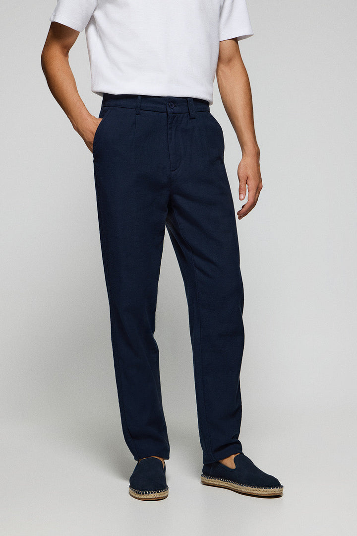 Navy-blue trousers in linen and cotton with embroidered Polo Club details