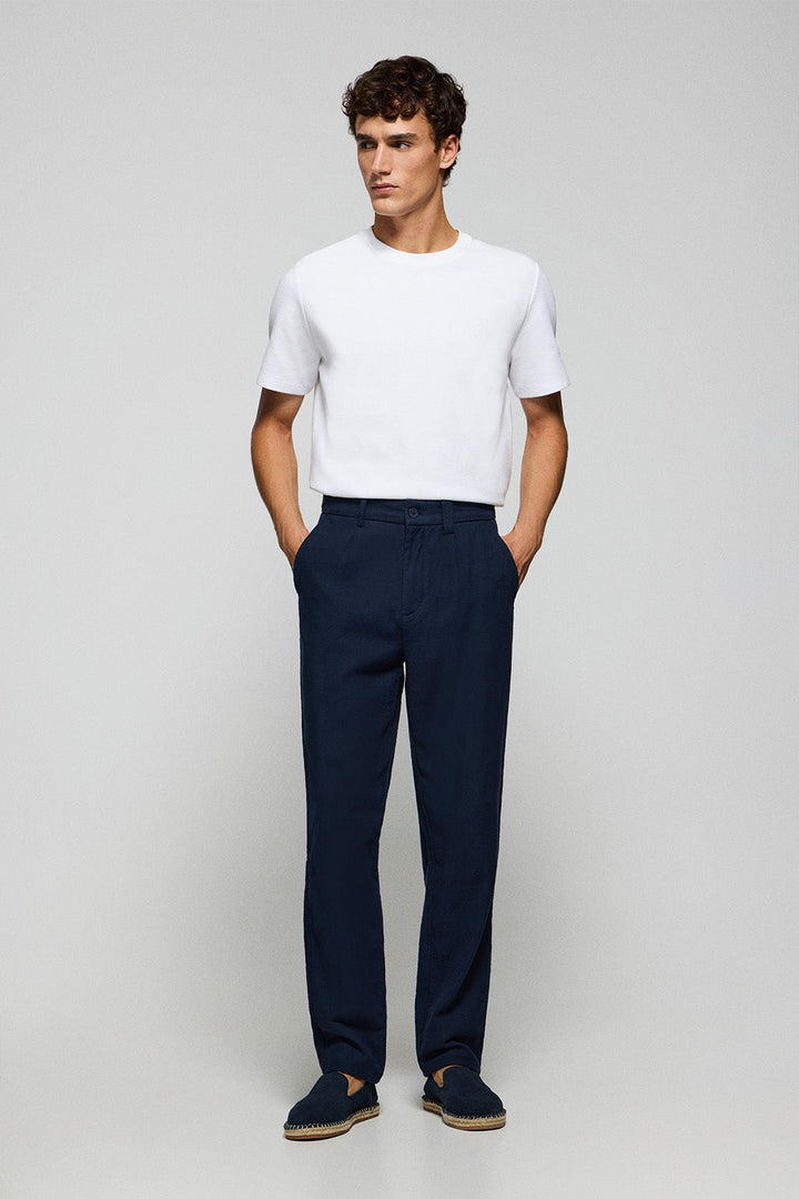 Navy-blue trousers in linen and cotton with embroidered Polo Club details