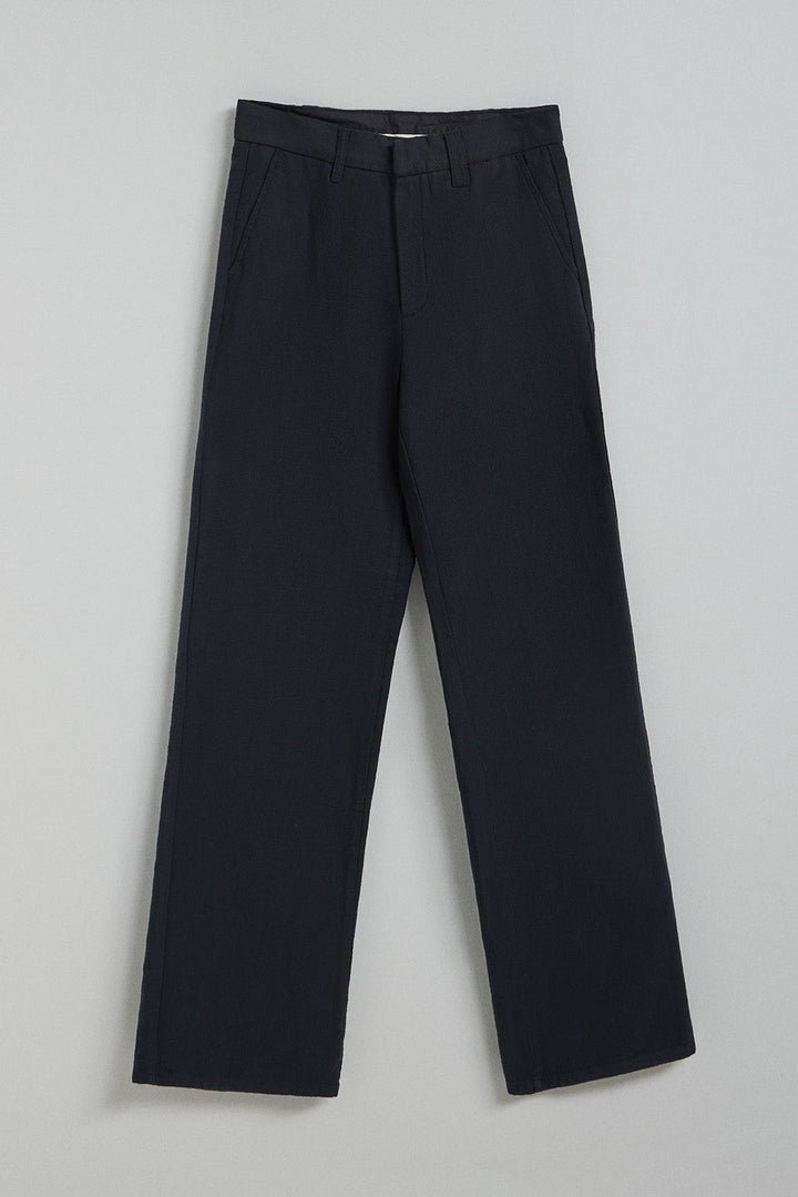 Marineblauwe broek 'Tamara' van katoen-linnen met geborduurde Polo Club-details