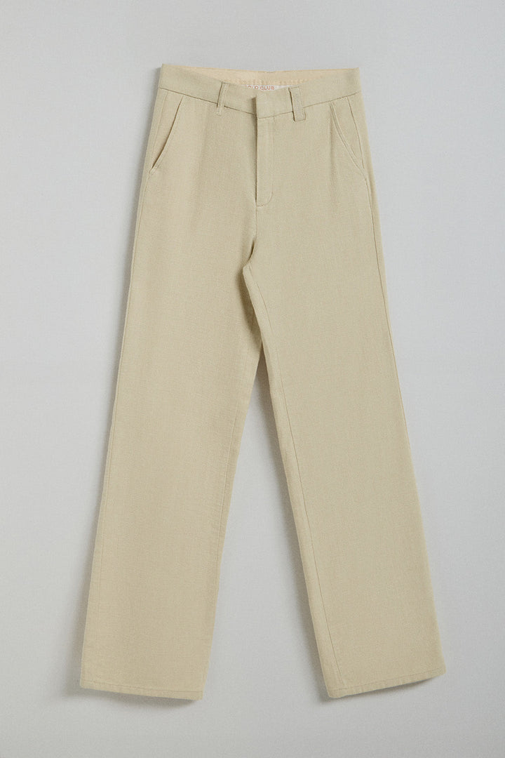 Zandkleurige broek 'Tamara' van katoen-linnen met geborduurde Polo Club-details