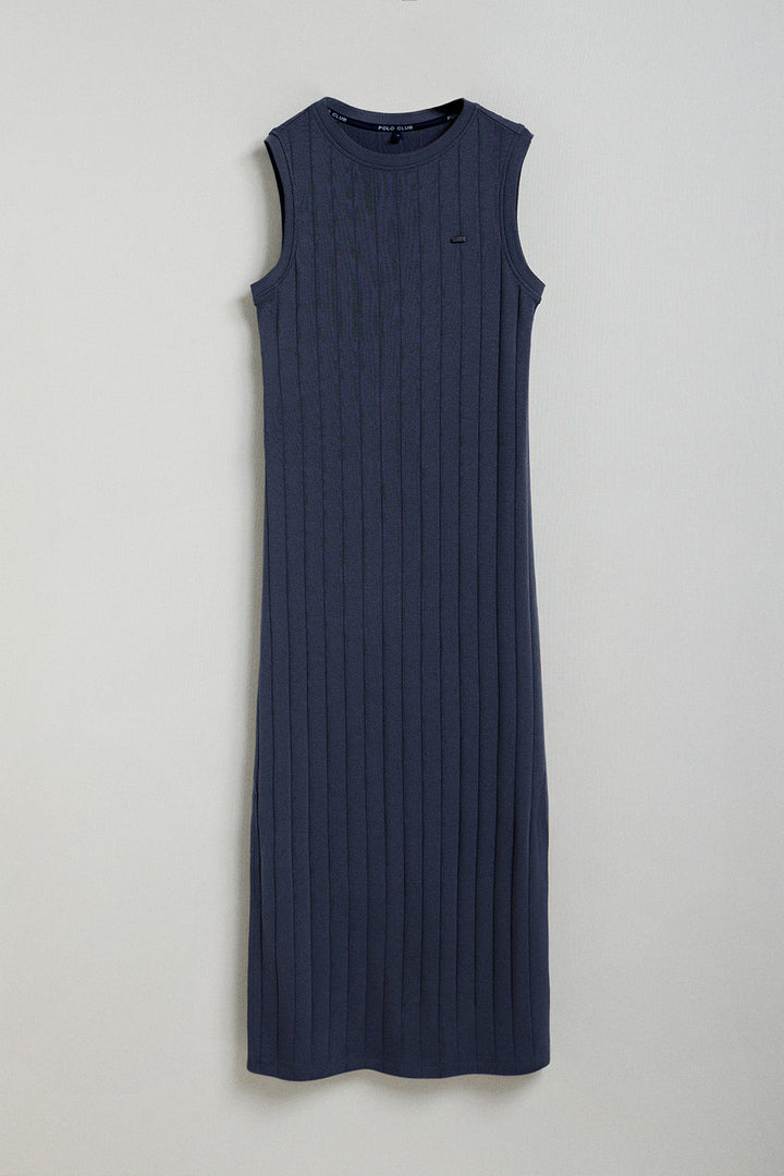 Długa, prążkowana sukienka w kolorze granatowym z logo Polo Club
