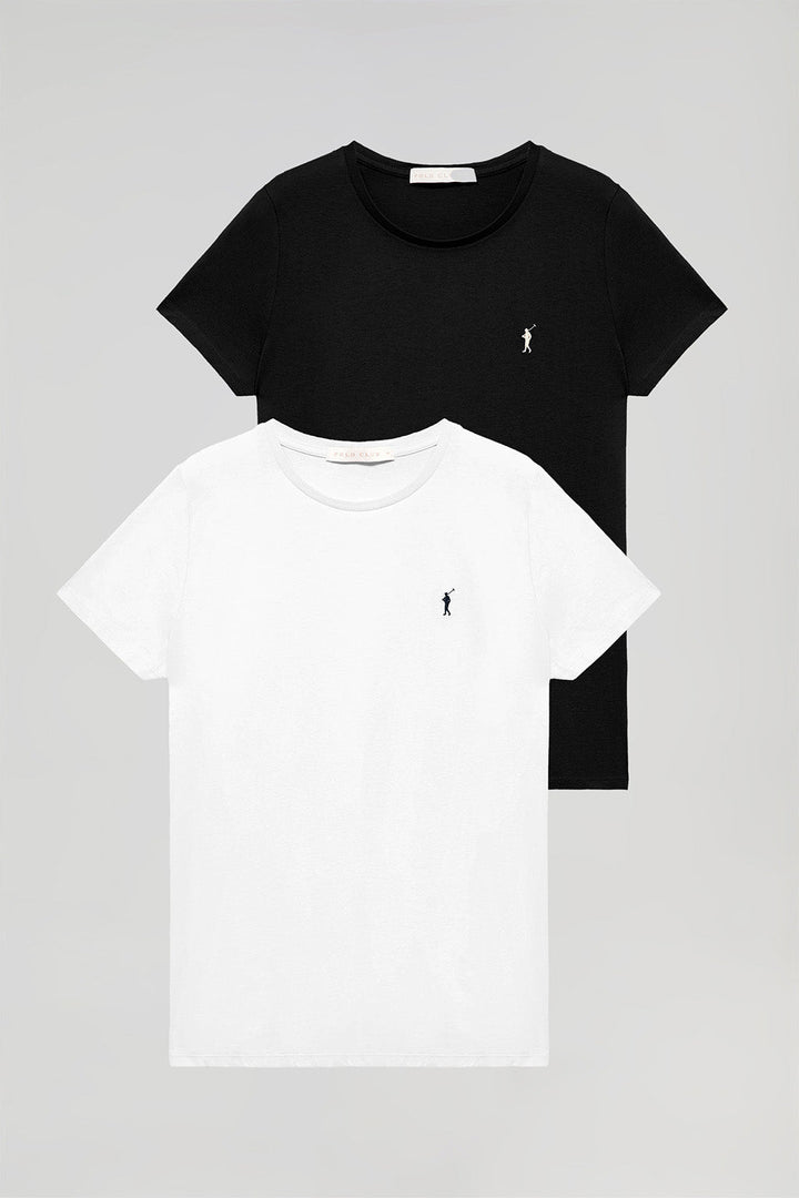 Zestaw dwóch podstawowych czarno-białych koszulek z krótkim rękawem i haftowanym logo