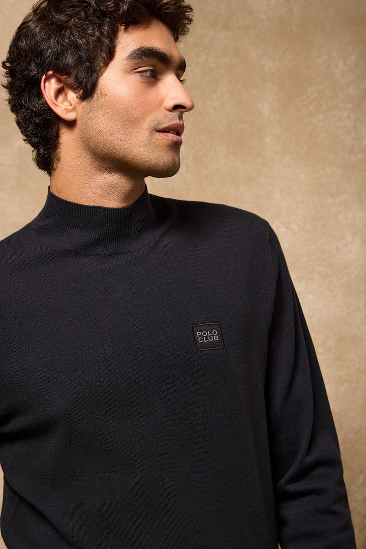 Pull en maille Khan noir à col Perkins et détails Polo Club