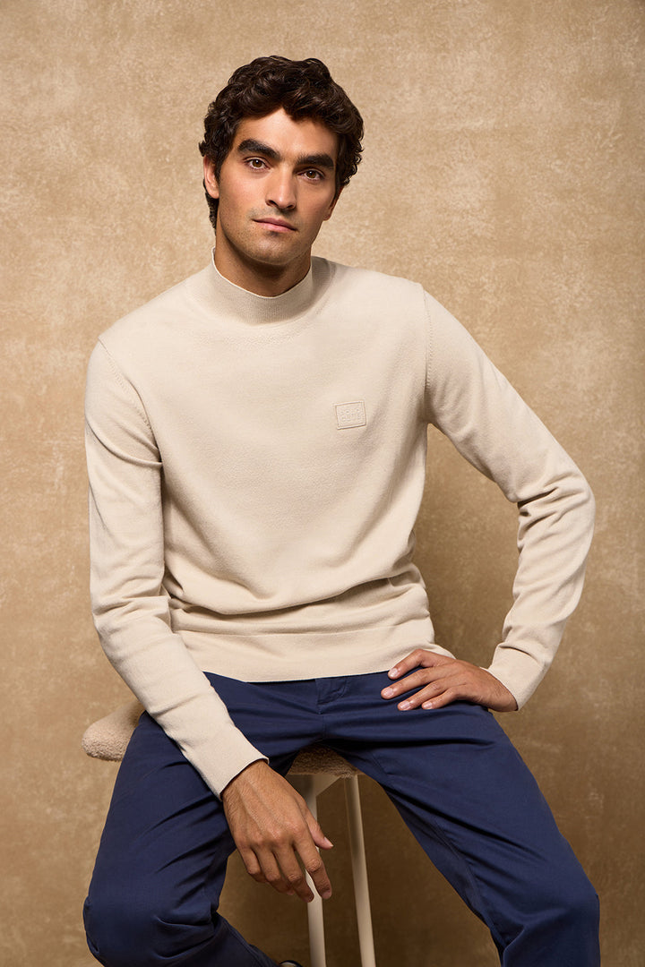 Pull en maille Khan beige à col Perkins et détails Polo Club