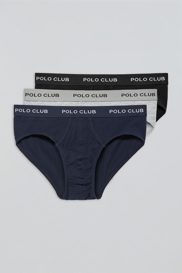 Lots de trois slips noir, gris et bleu marine avec détail Polo Club