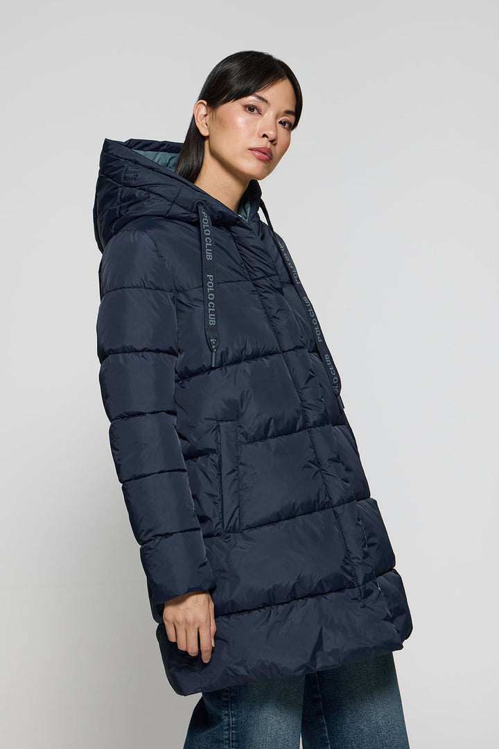 Blue reversible coat Gracia with fixed hood and Polo Club details