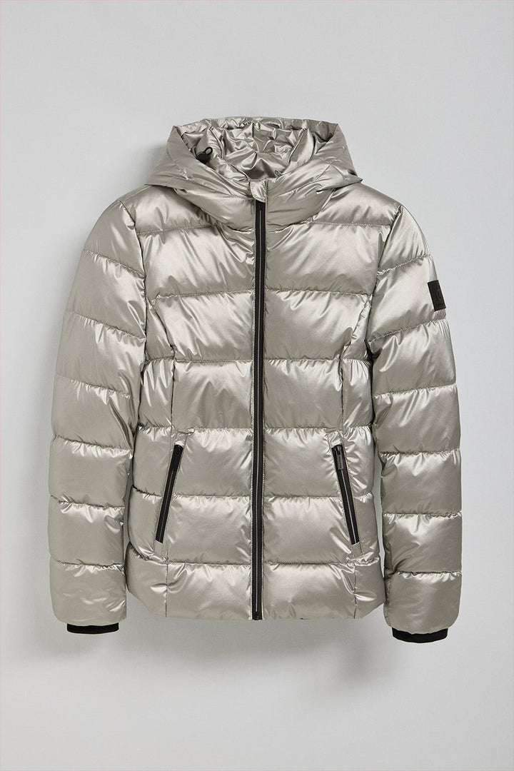 Platinum glitter-effect short coat Snow with fixed hood and Polo Club details