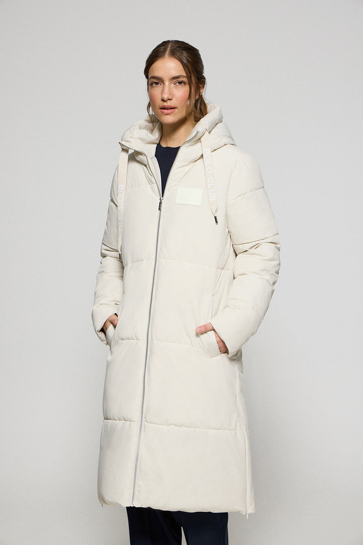 Beige short coat Buenos Aires with fixed hood and Polo Club details