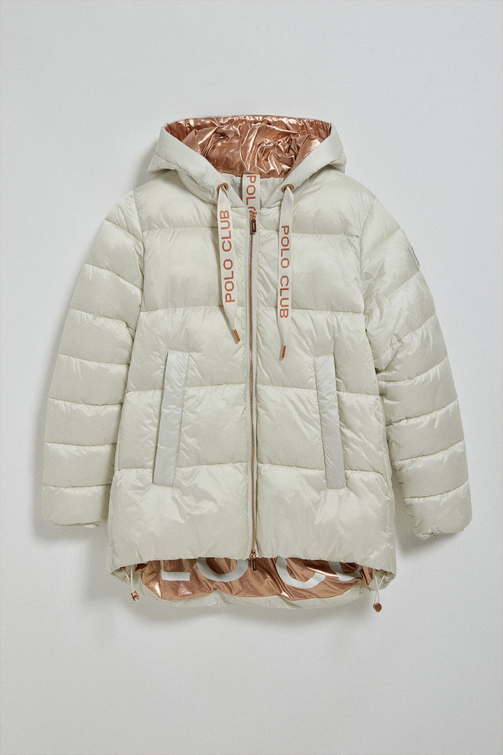 Pearl grey puffer jacket Ice with fixed hood and Polo Club details