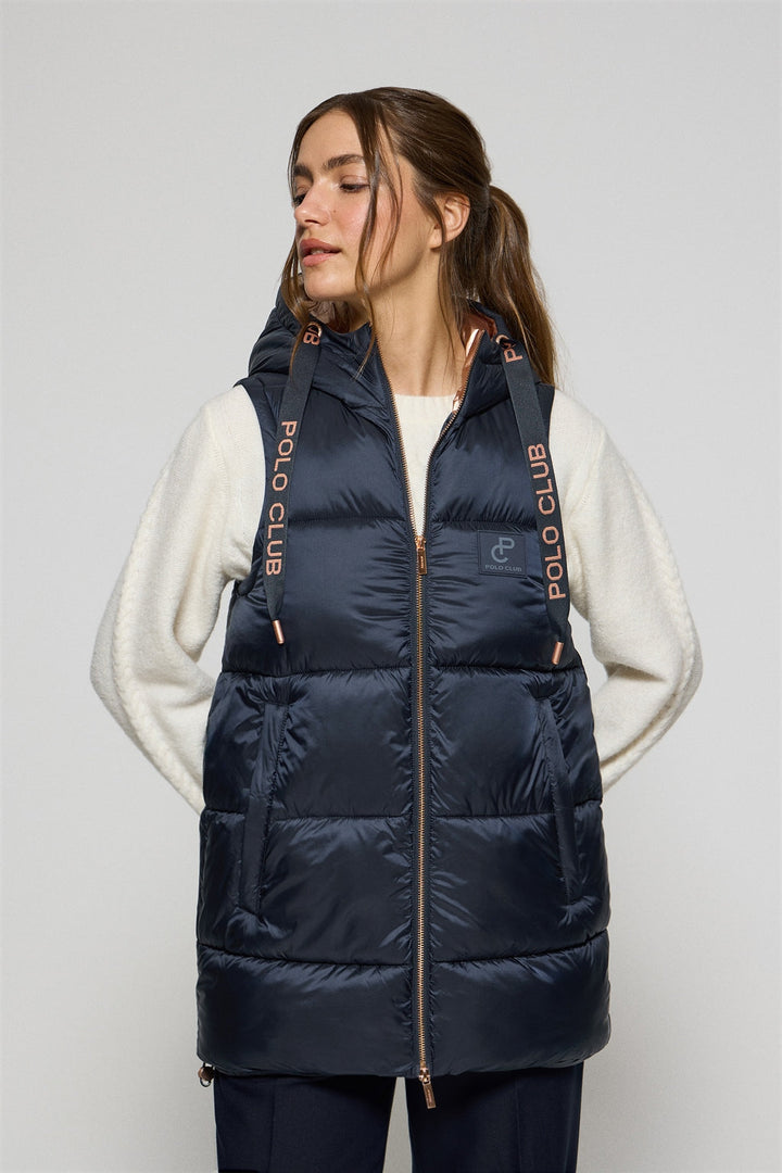 Gewatteerde marineblauwe bodywarmer "Ice" met vaste kap en Polo Club-details