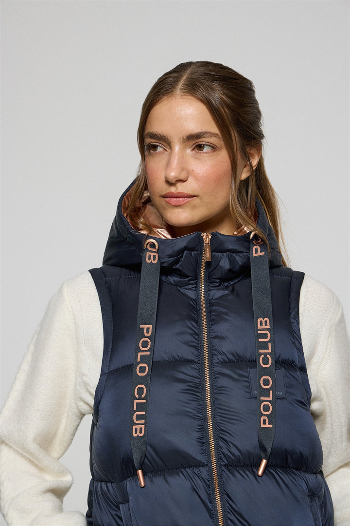 Gewatteerde marineblauwe bodywarmer "Ice" met vaste kap en Polo Club-details