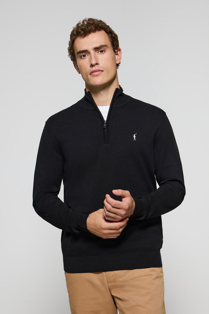 Black half-zip knit jumper with Rigby Go embroidered logo