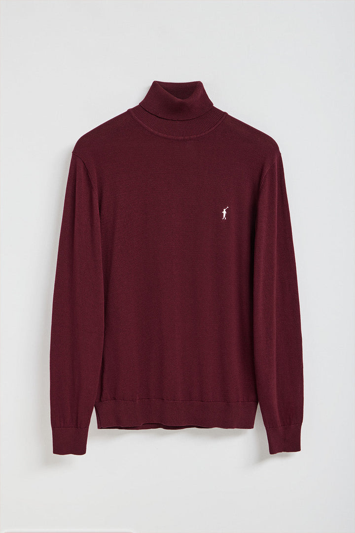 Maroon turtleneck knit jumper with Rigby Go embroidered logo