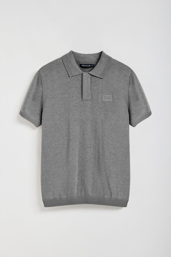 Grey-marl short-sleeve knitted polo shirt with Polo Club logo