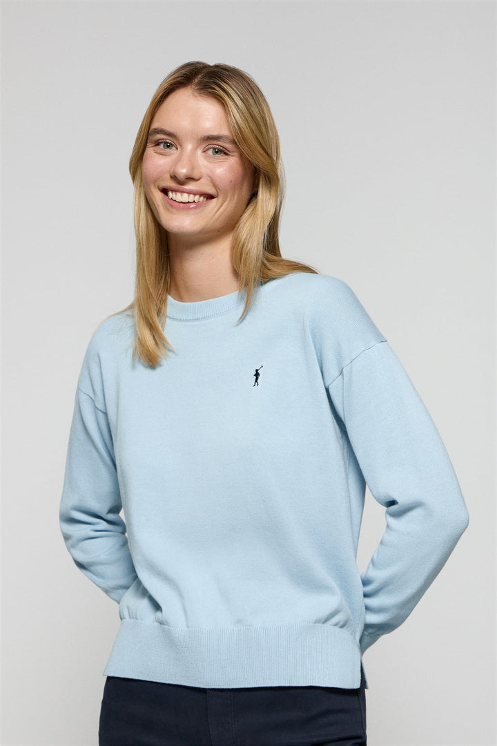 Light-blue round-neck knit jumper with Rigby Go embroidered logo