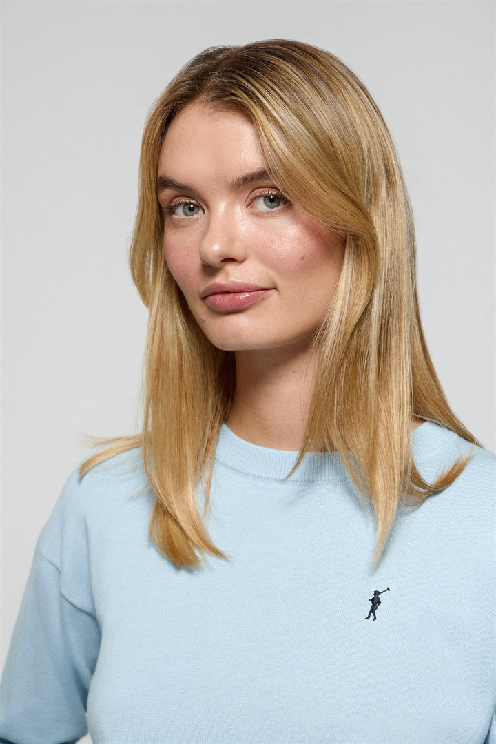 Light-blue round-neck knit jumper with Rigby Go embroidered logo