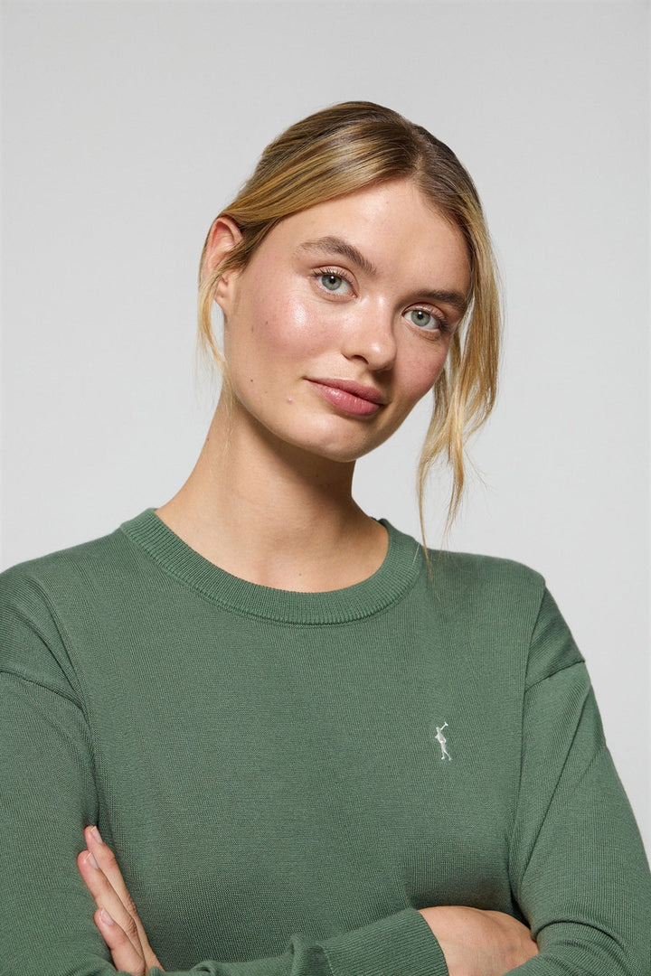 Green round-neck knit jumper with Rigby Go embroidered logo