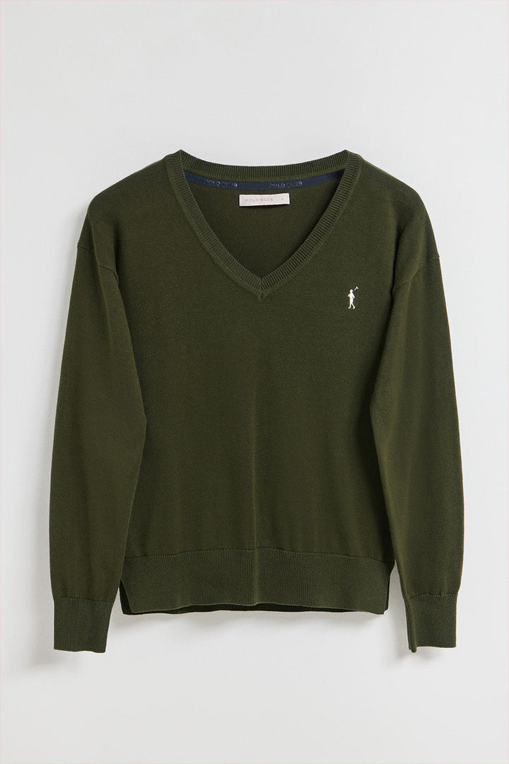 Dark-green V-neck knit jumper with Rigby Go embroidered logo