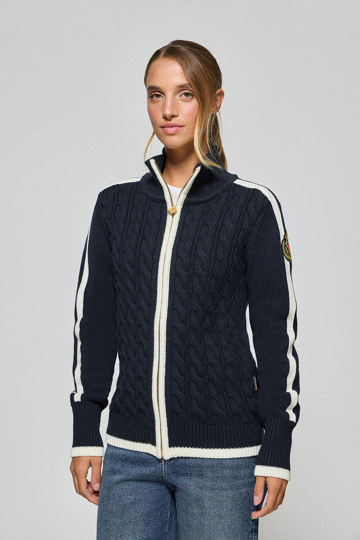 Navy-blue zip cardigan with Nautic Polo Club patch