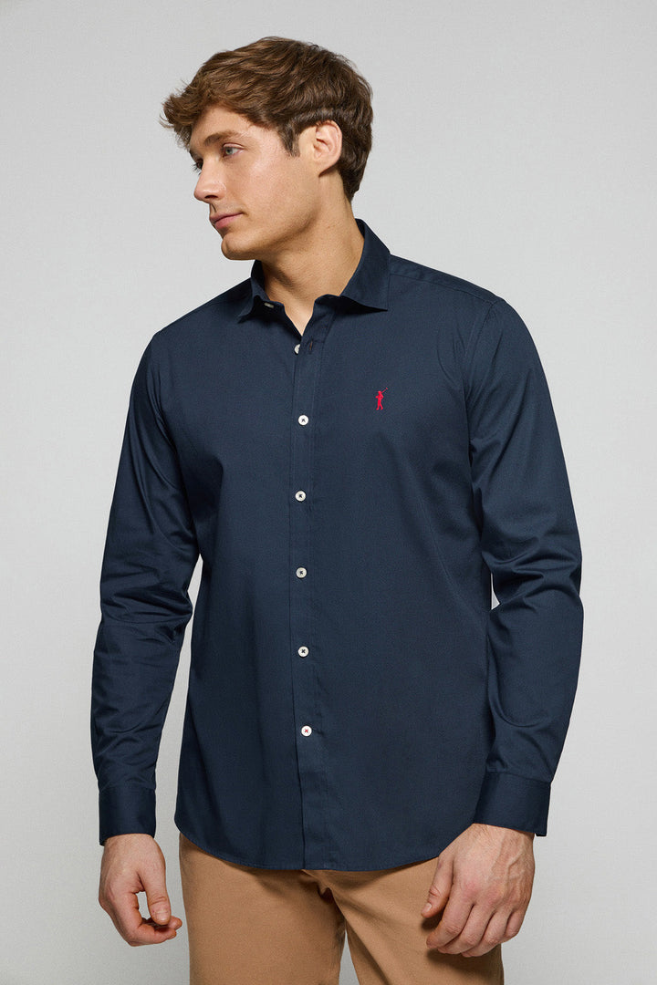 Navy-blue slim-fit poplin shirt with Rigby Go embroidered logo