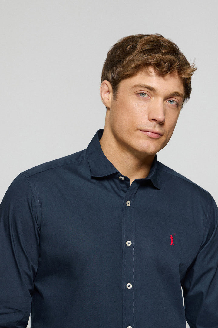 Navy-blue slim-fit poplin shirt with Rigby Go embroidered logo