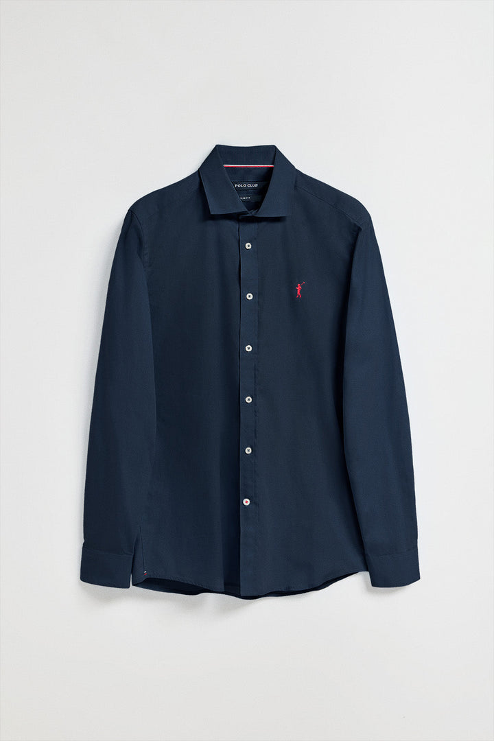 Navy-blue slim-fit poplin shirt with Rigby Go embroidered logo