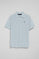 Light-blue polo shirt with three buttons and Rigby Go embroidered logo