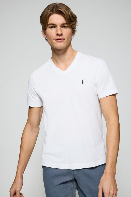 Witte T-shirt met V-hals en geborduurd Rigby Go-logo